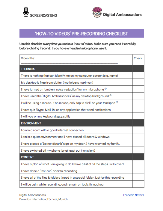 Pre-recording checklist Pre-recording checklist