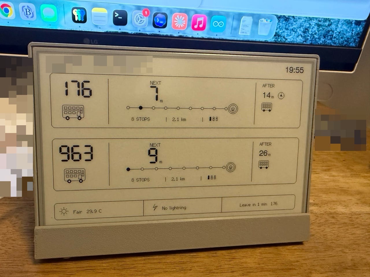 The screen showing services 176 and 963, each with a row of stops ending at a home icon and three occupancy figures, and a footer with weather, lightning and a leave message