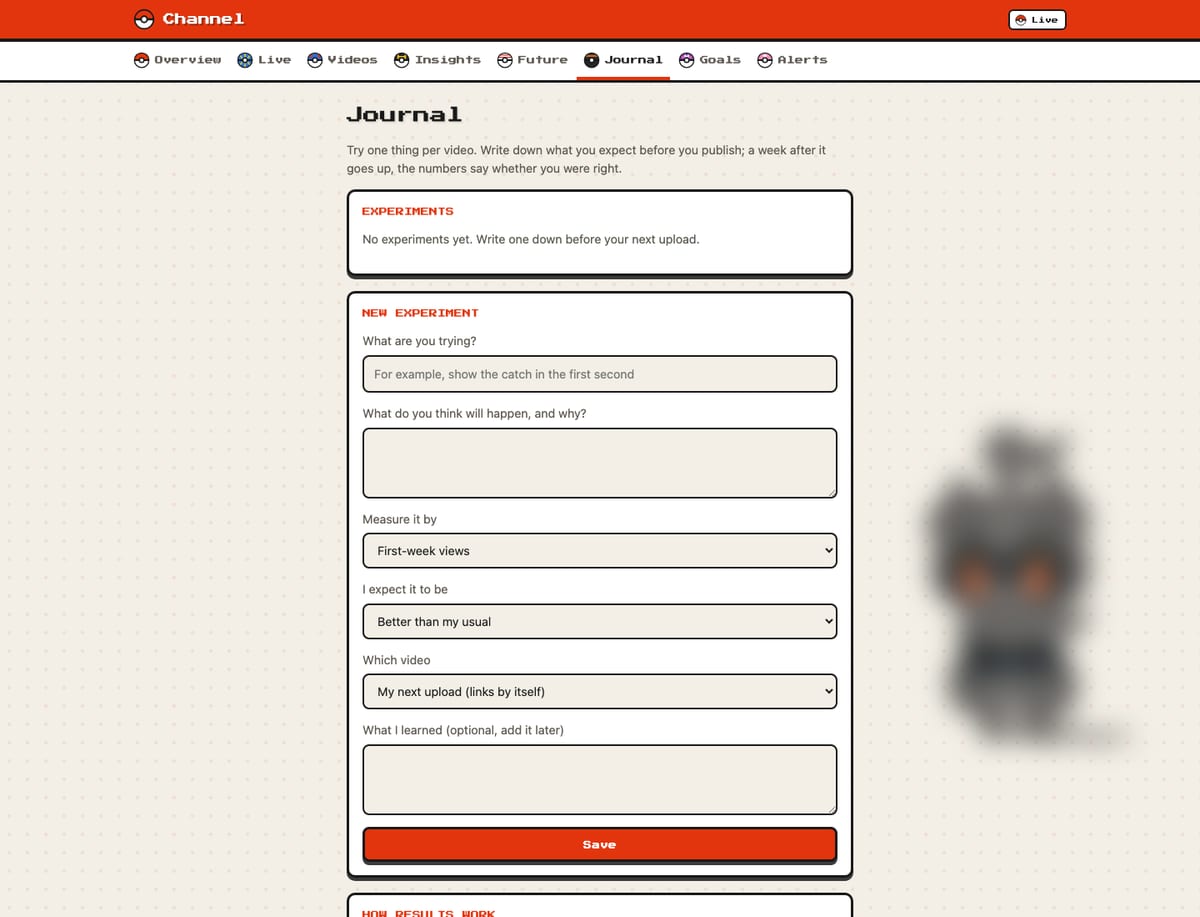The Journal page with a form for an idea, a prediction and what to measure