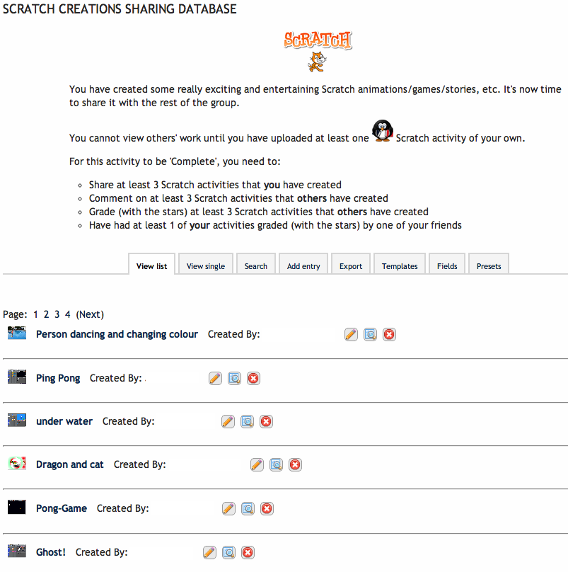 Example of a database in Moodle