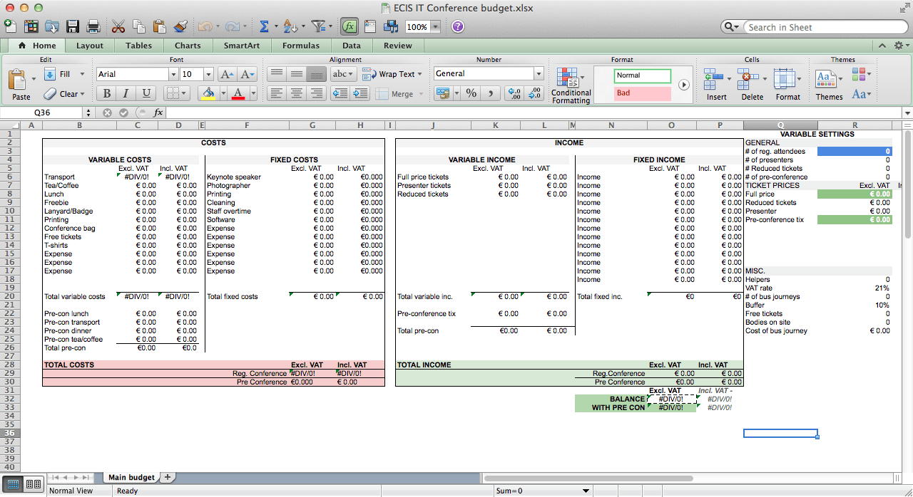 Screenshot of an Excel spreadsheet with a budget